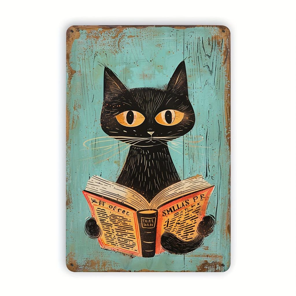Charming Black Cat Reading Book Metal Tin Sign - Perfect for Home, Bar, Cafe, or Garage Decor, Indoor/Outdoor Wall Art, , P
