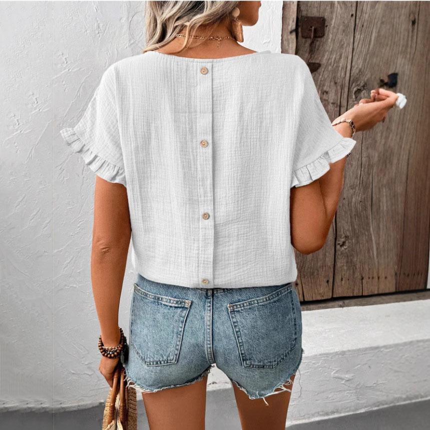 Women Summer Ruffles Short Sleeve O Neck Back Button Solid Color Pullover Shirt Top
