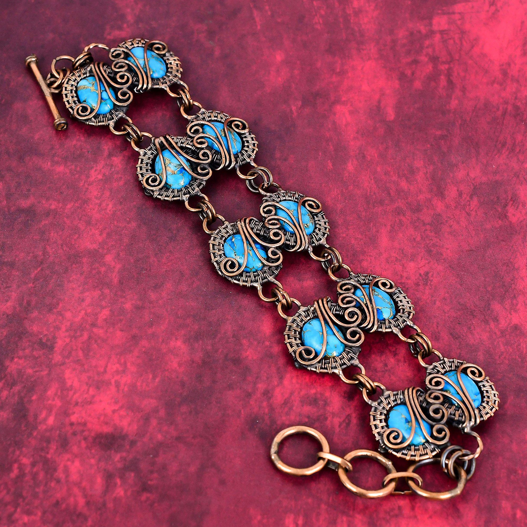 Copper blue turquoise bracelet copper wire wrapped adjustable chain bracelet natural gemstone handmade bracelet copper jewelry gifts for mom Adjustable