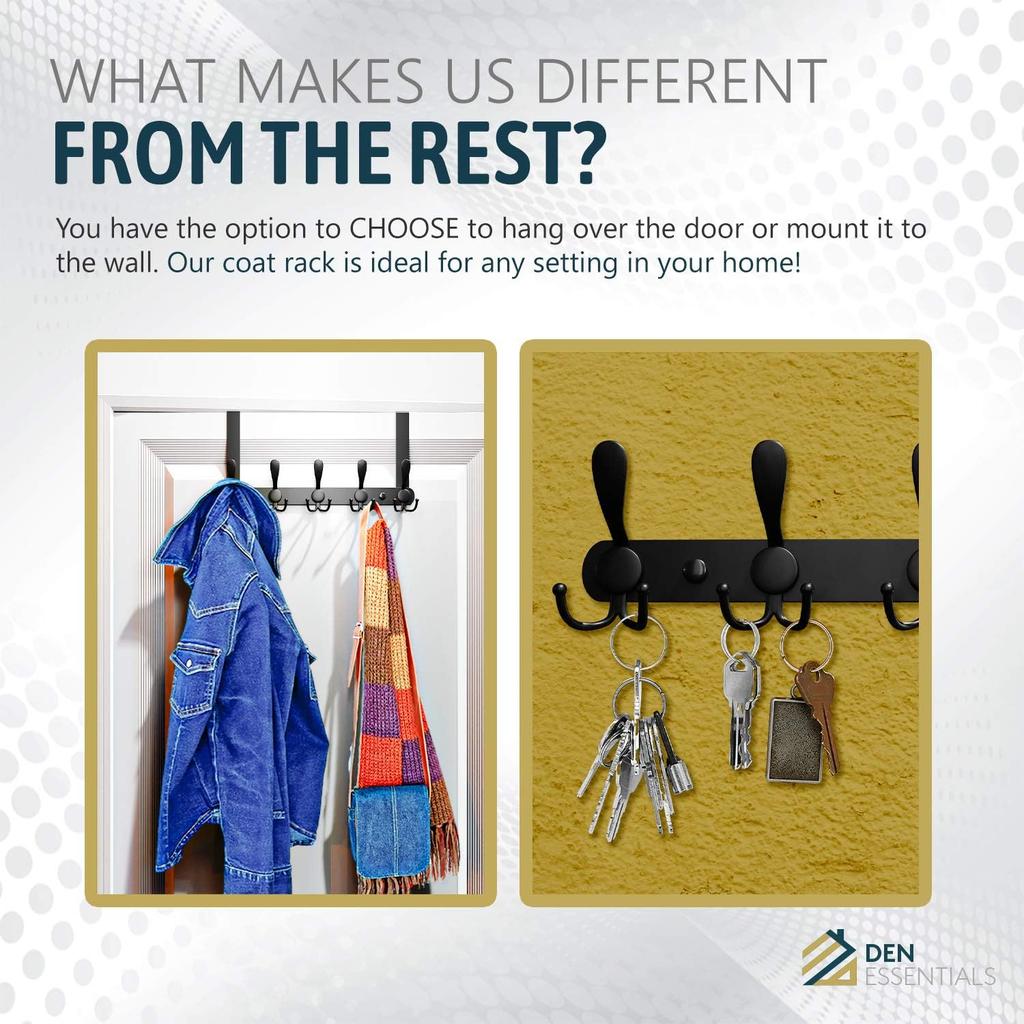 Metal Wall Mounted Coat Rack | 5 Tri-Hooks Hold Up To 50 LBS | On Door Towel Rack Can Be Installed In Minutes - All Setup Tools Included | For