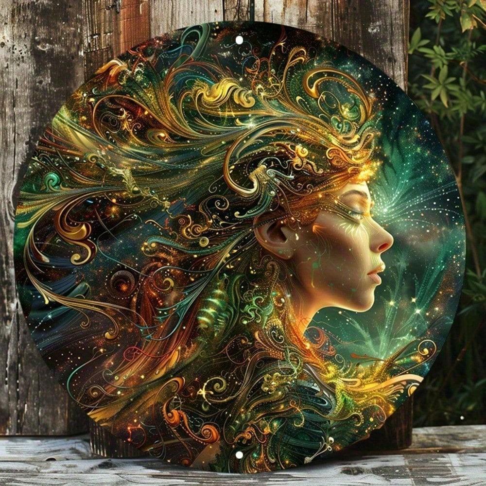 Metal Round Wall Art Golden Abstract Swirl Sign Waterproof HD Print 8 Inch Pre-Drilled Modern Home Decor