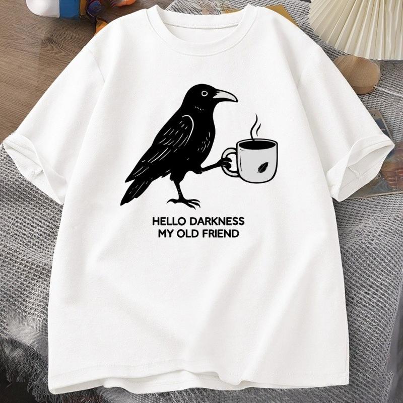 Vintage Crow Coffee T Shirt Halloween T-Shirt Fall Tee Women Men Cotton Tops Creative Crew Neck