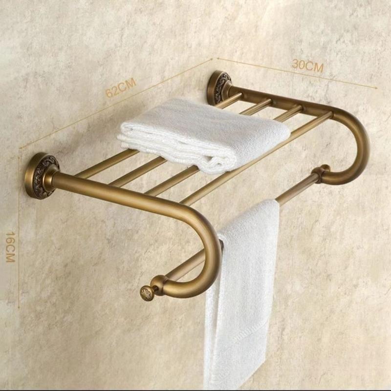 Solid Brass Carved Bathroom Wall Storage Towel Rack, European Antique Bath Towel Holder, Bathroom Hardware Accessory Set