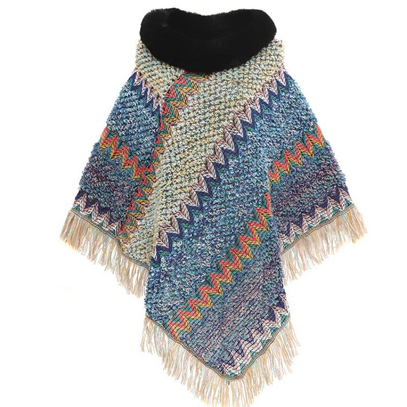 Color Ethnic Style Pullover Cape Women's Fur Collar Women's Knitted Cape Warm Autumn and Winter Shawl
