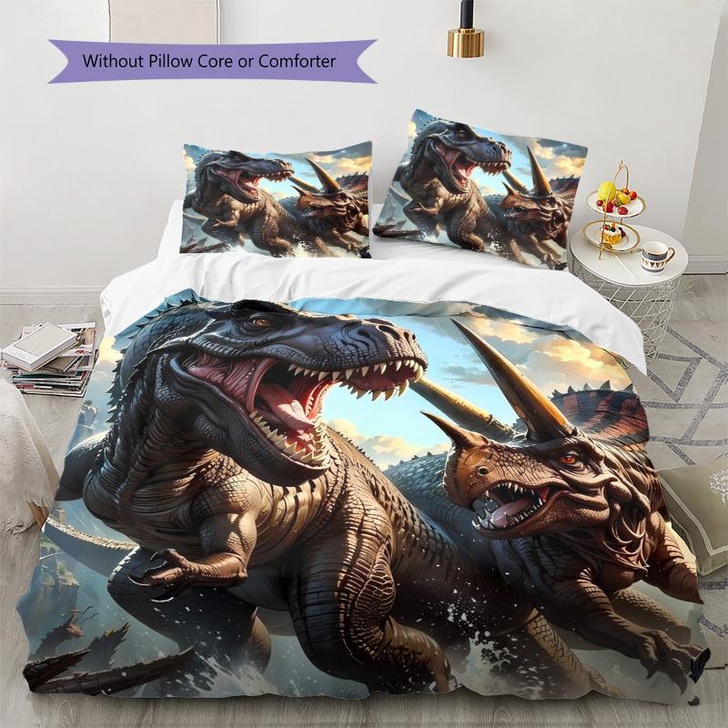 Dinosaur Bedding Set, T-Rex Triceratops Jurassic Print Duvet Cover Set, 3Pcs Bed Set with 2 Pillowcases for Bedroom Decor, No Comforter
