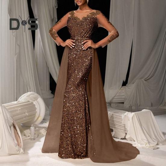 Damen Pailletten Abendkleid Spitze Langarm Bodycon Maxikleid Funkelndes bodenlanges Mesh Patchwork Overlay Kleid für Cocktail Hochzeit Partys