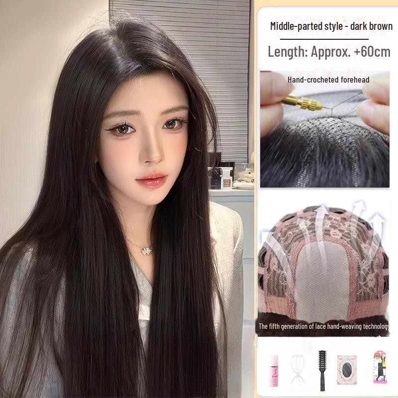 

Женский длинный парик на сетке с натуральной челкой и длиной до лба — модные прямые волосы, полное покрытие, прямой пробор.