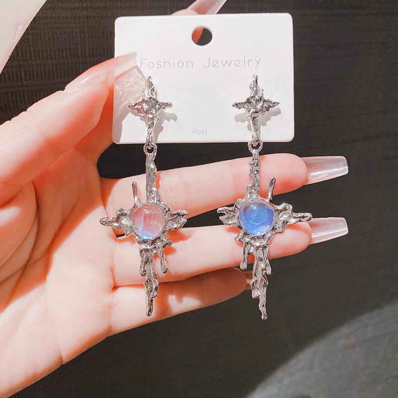 Fashion Moonstone Drop Earrings Metal Cross Earrings Young Girl Trend Metal Cross Moonstone Drops Earrings Jewelry Wholesale