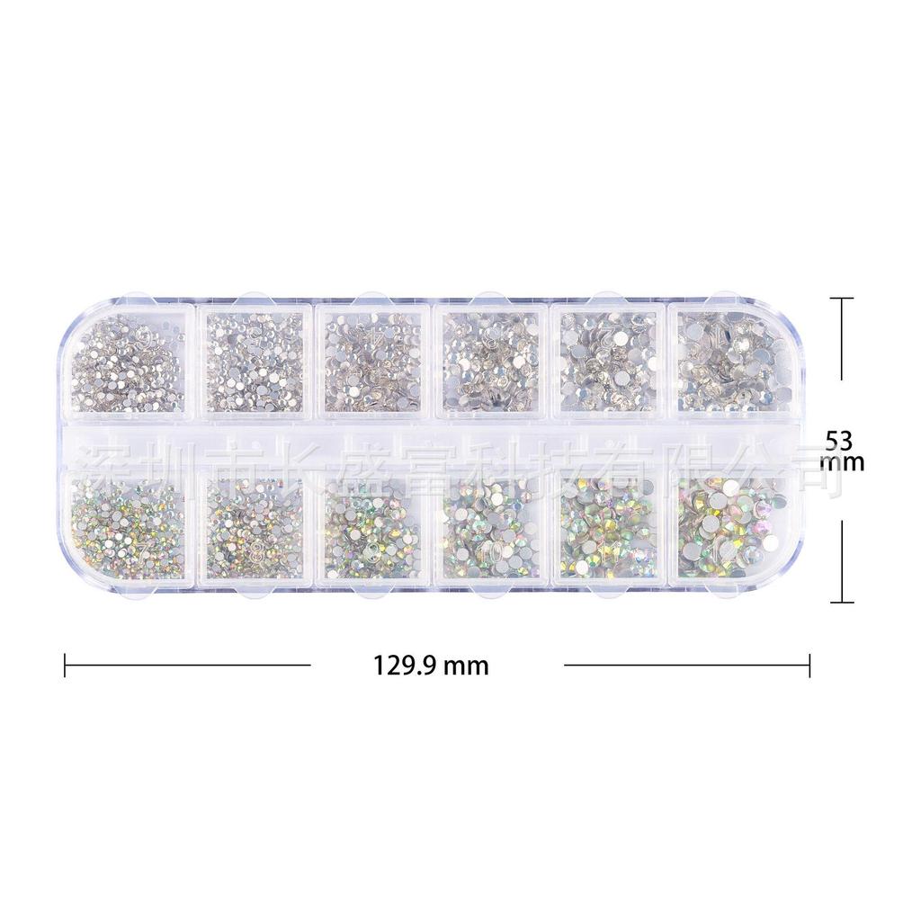 Cross-Burst Flash Glass Nail Art Drill Set: 12-Grid Flat-Bottomed Pearl & AB Nail Decorations