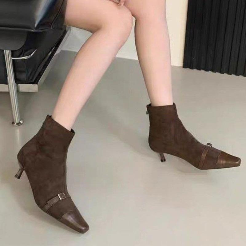 

Металлическая пряжка, сращенные туфли-стилеты, женские туфли с квадратным носком, задняя молния, противоскользящие, износостойкие ботильоны 42 коричневый