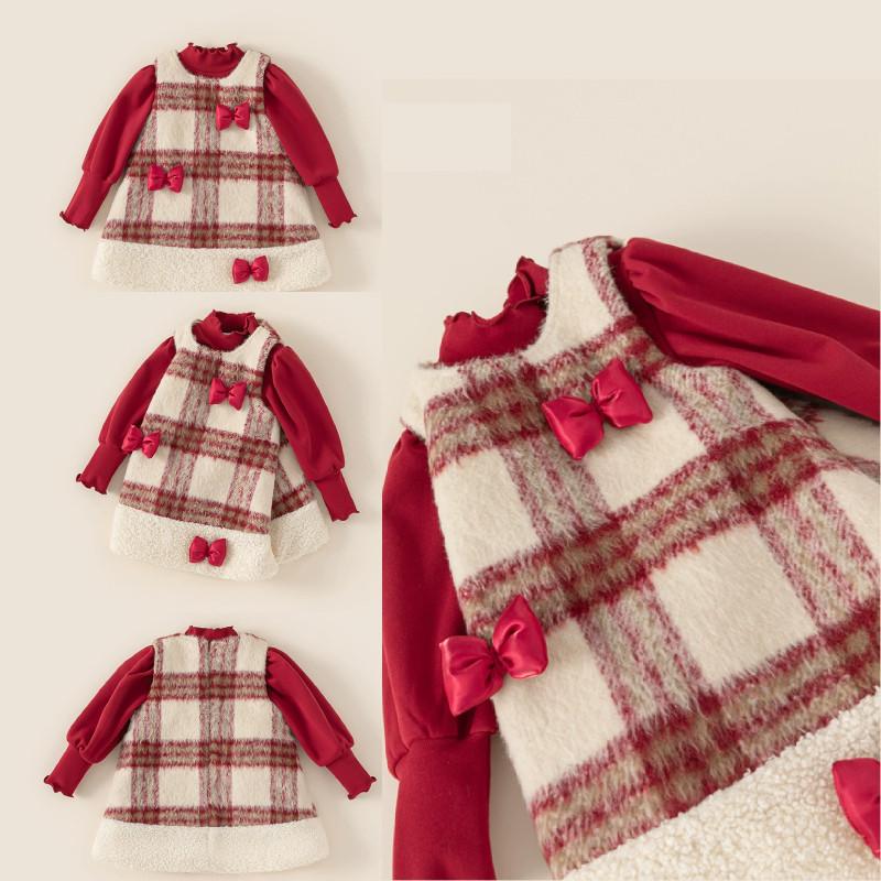 Red Top Bowknot Checkered Vest Skirt Christmas Set Children Autumn Clothing For Ages 3 To 8