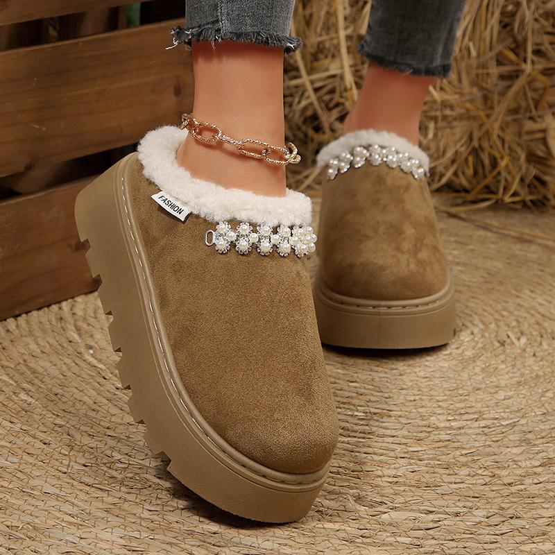 Fashion Pearls Decor Cotton Platform Slippers Women Autumn Winter Plush Warm Cotton Shoes Woman Plus Size Anti Slip Snow Boots Female