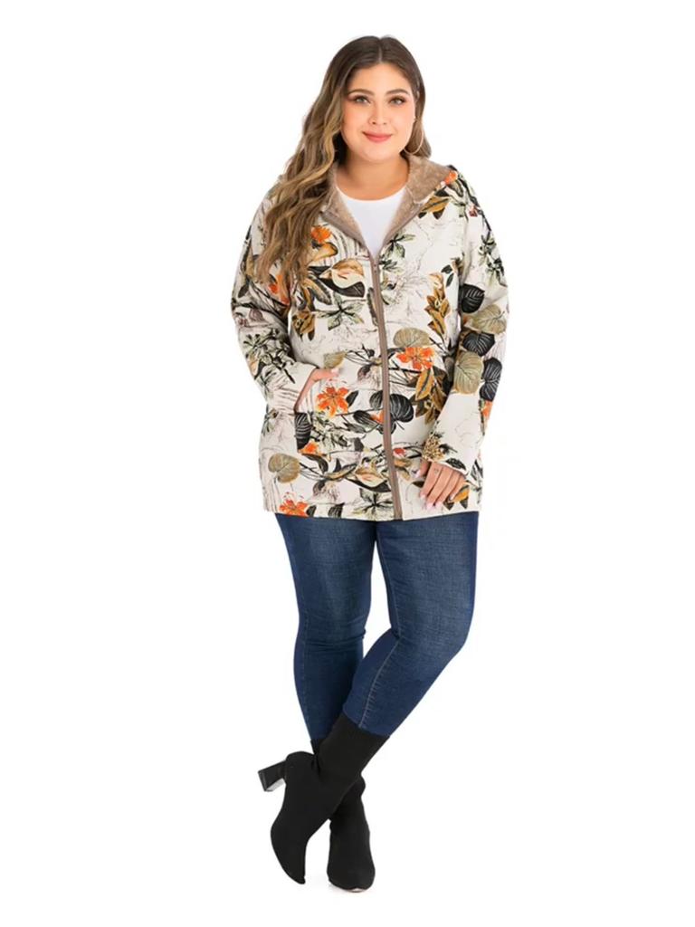 Printed Hooded Coat Long Sleeve Jacket Oversized Vintage Female Cltohing Autumn Winter Warmth Women Jackets Fashion Streetwear