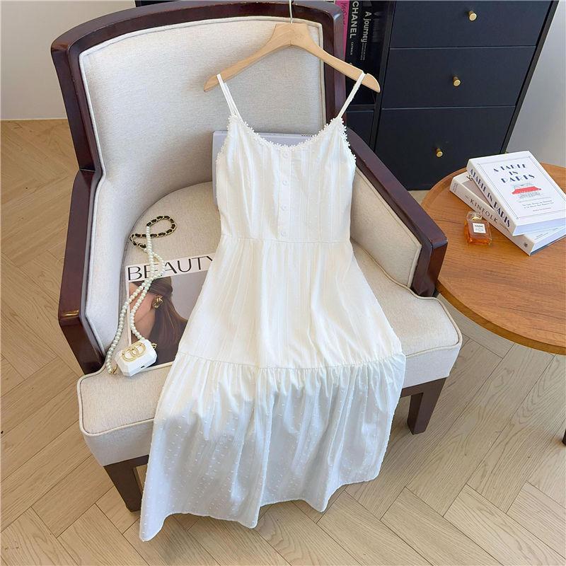 Elegant Summer 2025 White Spaghetti Strap Cinched Dress