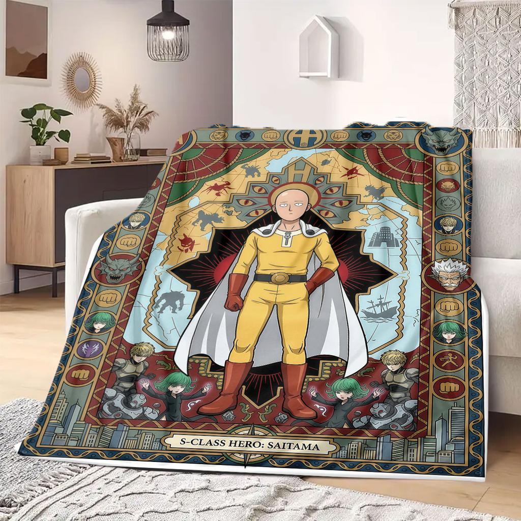 One Punch Man Trendy 2D Print Flannel Blanket, Cartoon Theme for Home Decor, All-season Bed Travel Blanket_LIAN