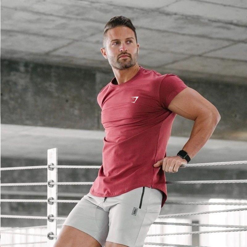 Men's Muscle Shark Elastic Sports T-Shirt: Round Neck, Short Sleeve for Bodybuilding, Running, Training, and Basketball.