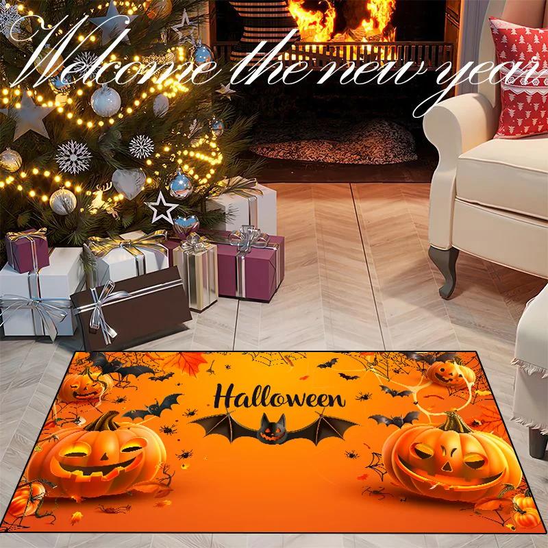 Halloween Pumpkin Pattern Rug Ghost Festival Decorative Floor Mat Suitable Living Room Bedroom Kitchen Indoor Entryway Carpet