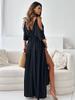 2024 Summer Women's Solid Color Lace-Up Waist Slit Dress with Hollowed-Out Design