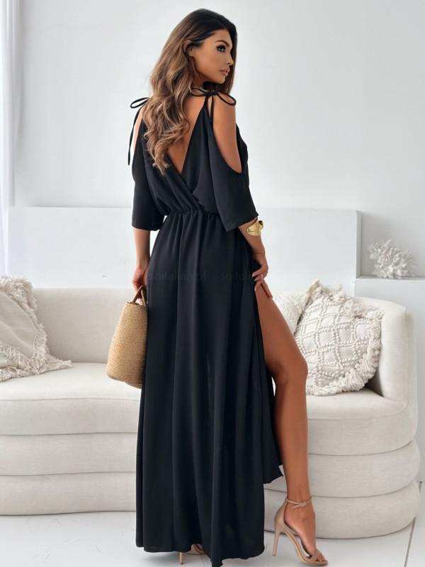 2024 Summer Women's Solid Color Lace-Up Waist Slit Dress with Hollowed-Out Design
