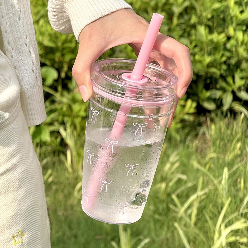 Single Layer Transparent Plastic Water Bottle With Straw Simple Bow Print Water Cup Office Coffee Mug Matcha Milk Tea Ice Cup