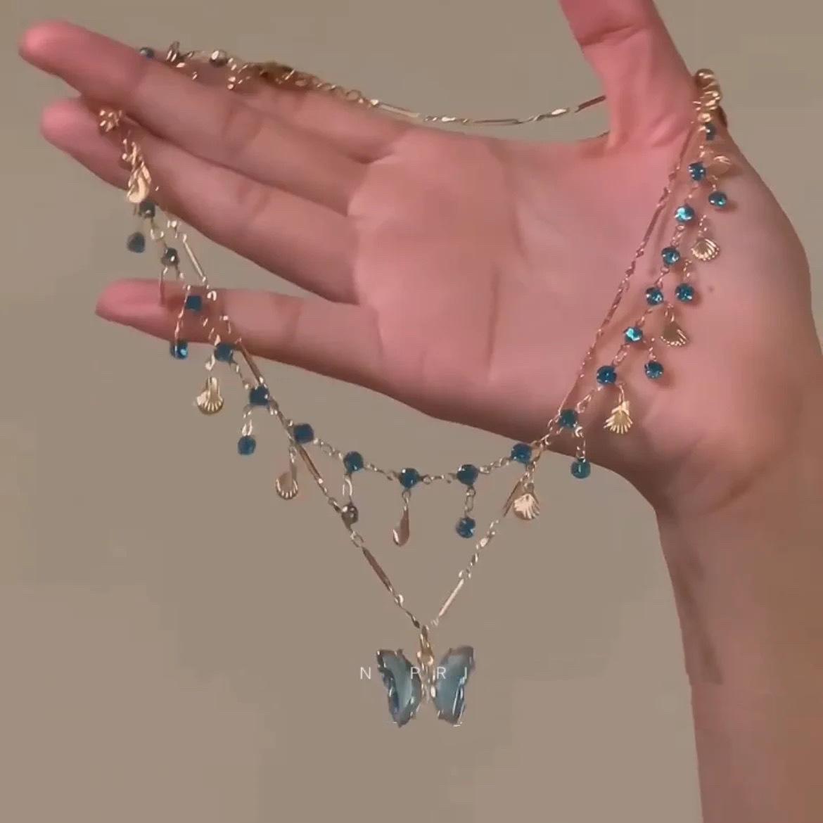 Double Layer Stacked Blue Butterfly Clavicle Chain, 2026 Trendy Niche  Blue Butterfly Love  Pendant Necklace for Girls