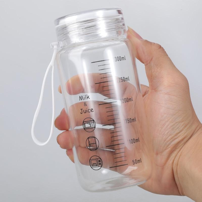 Leak Proof Microwave Safe Glass Drinkware 300ml With Measurement Scale Portable Water Bottle For Milk Juice Coffee