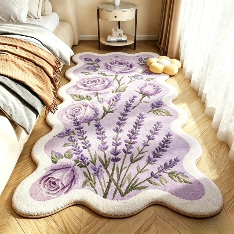 Pastoral Style Carpets for Living Room Pink Flowers Bedroom Decor Carpet Irregular Bedside Plush Rug Fluffy Soft Home Floor Mat