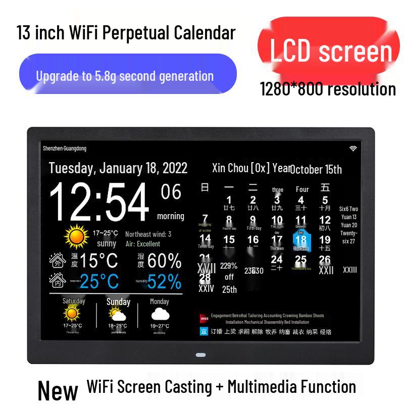 5,8G WiFi Intelligenter Wetter- & Mondkalender mit Temperaturanzeige und Mobiler Bildschirmsynchronisierung, 13-15 Zoll