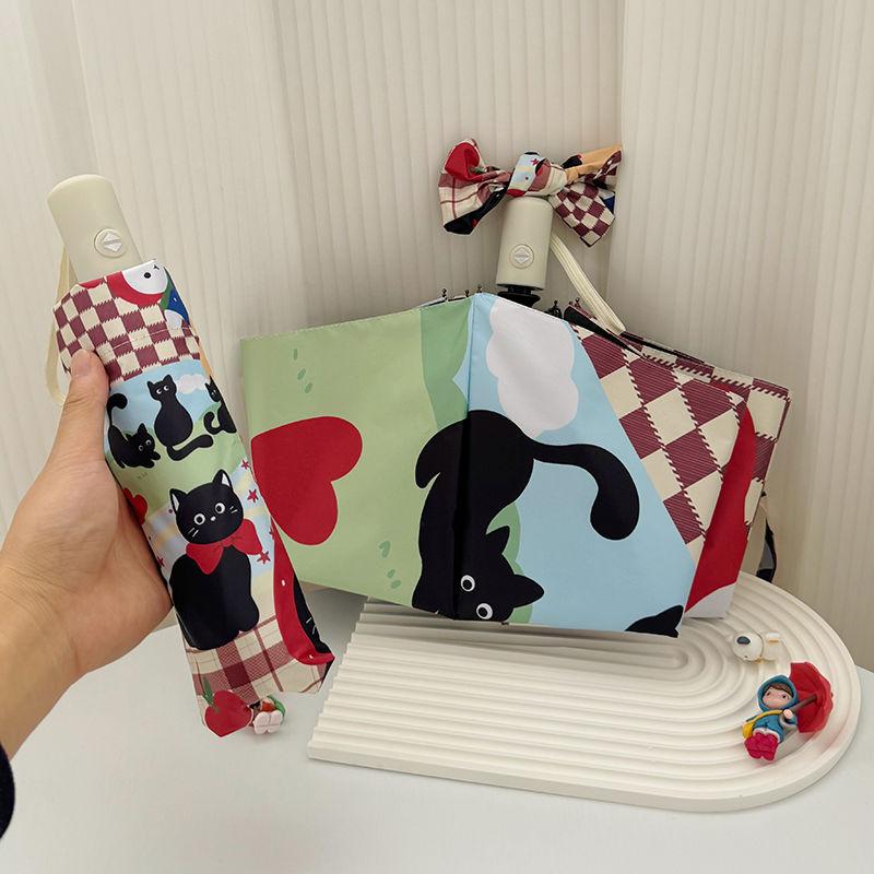 Black Cat roztomilý deštník Černý povlak Voděodolný Plně automatický skládací deštník Slunečný a deštivý deštník Studentský UV ochrana