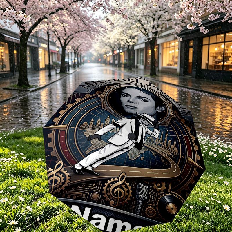 Custom Name Personalized Michael Jackson POP Print Umbrella, Auto Open Close, 8‑Rib Sturdy Frame, Commute Camping Hiking Use, Birthday Gift
