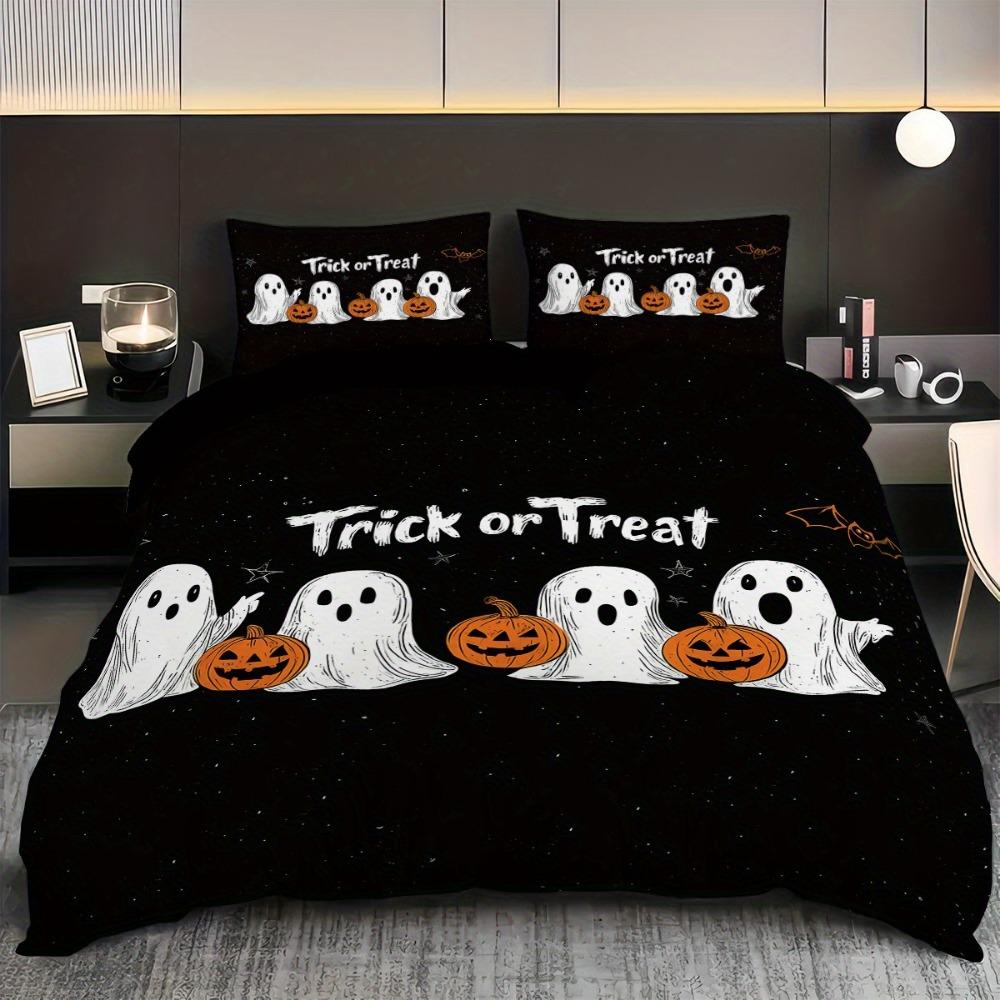 3pcs Bedding Set Black Ghost Pumpkin Print Cozy Soft Duvet Cover King Queen Twin Size Birthday Gift Halloween Gift Bedroom Decor