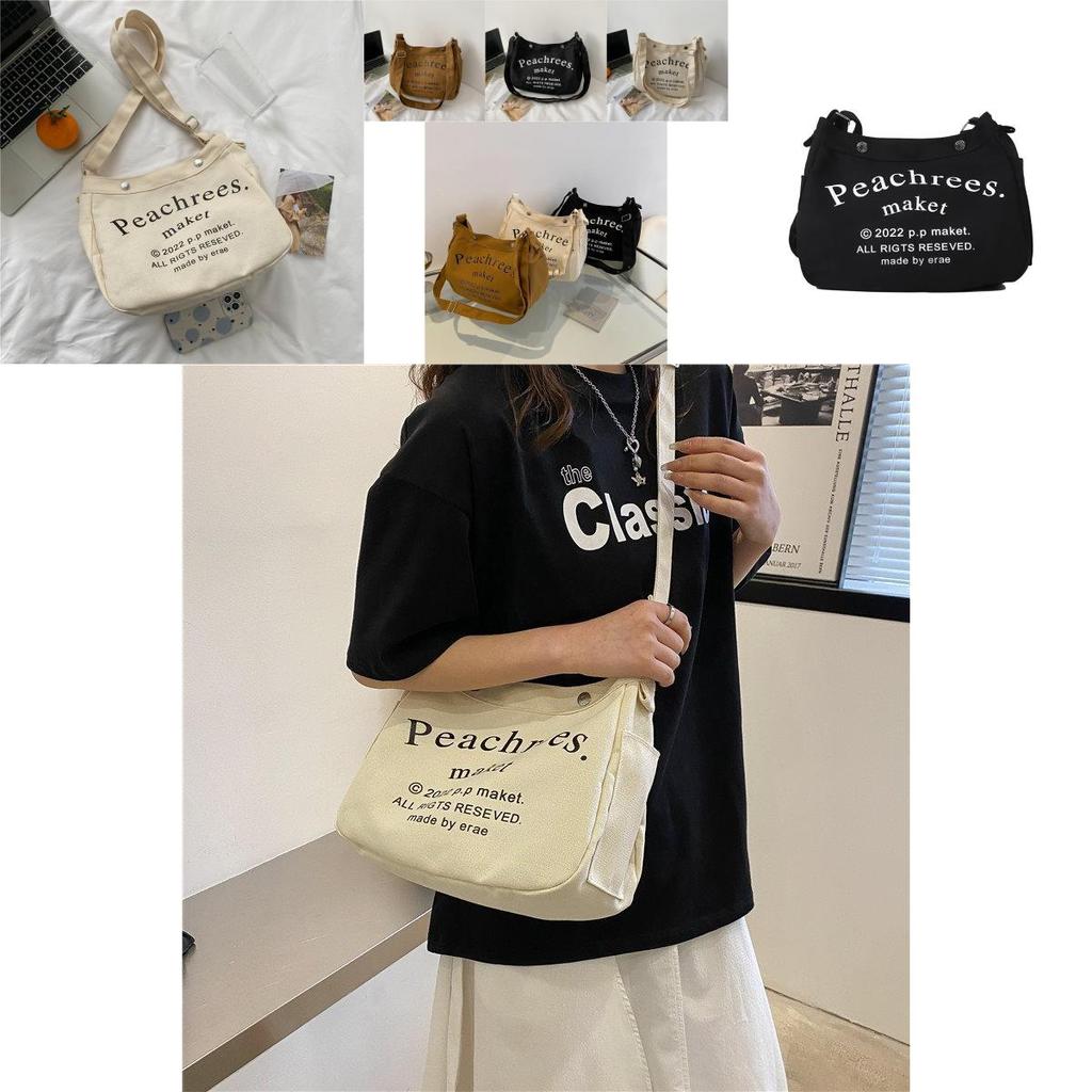 Stylish Korean Vintage Canvas Tote Bag For Women With Spacious Capacity And Trendy Lettering In Cream Brown Or Black
