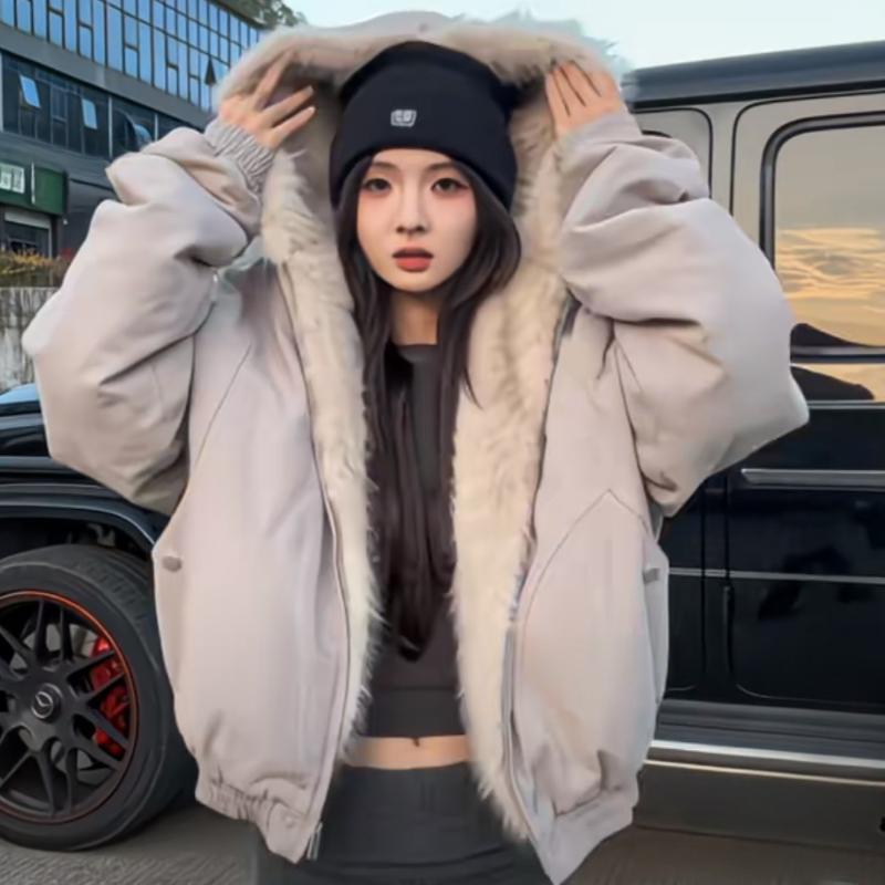 2KWEIRD Women's Winter Thickened Fur Collar Warm Jacket Zipper Hoodie Couple Fashion Fashion Fashion Casual Loose Jacket Top
