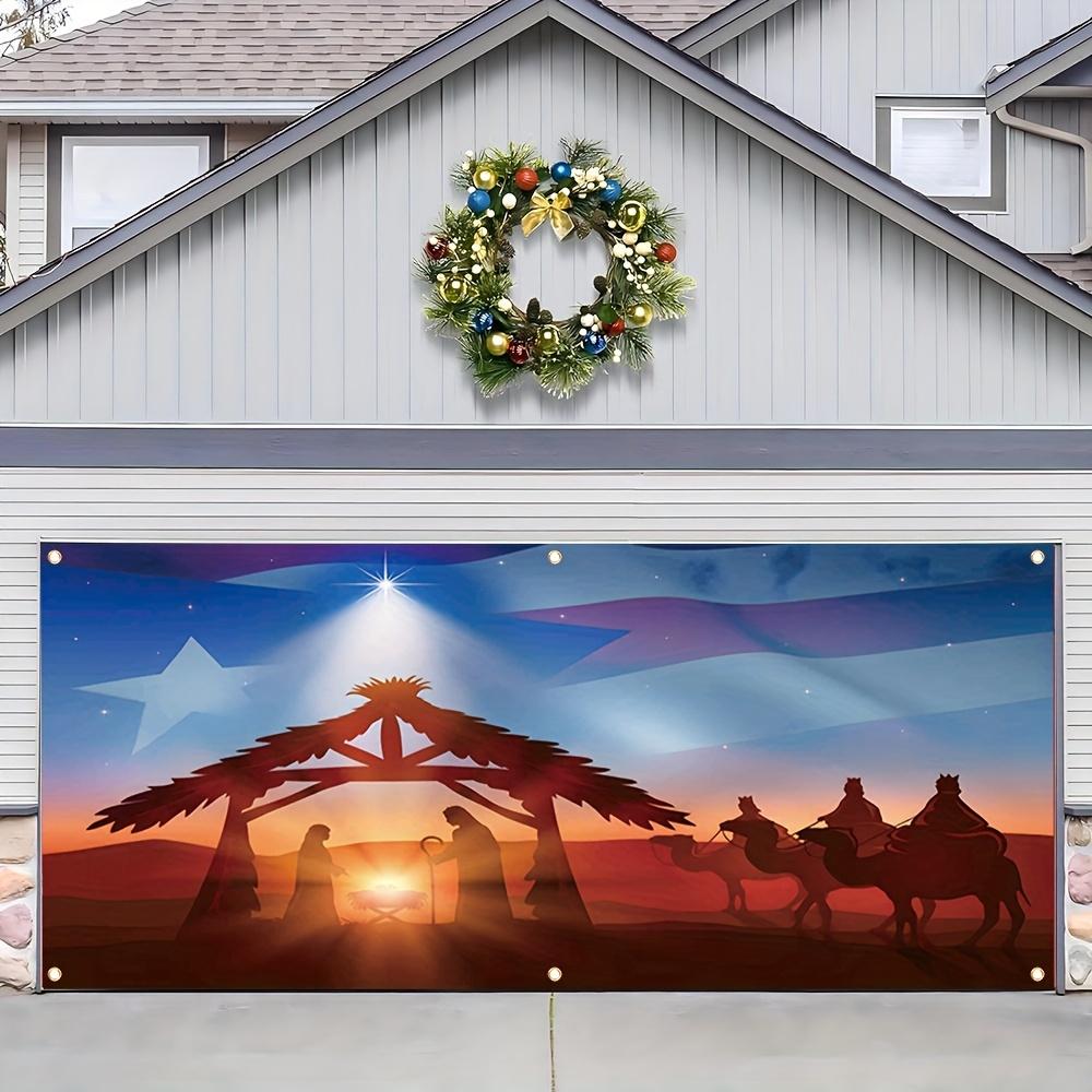 2D Door Banner, 1 Puerto Rican Flag Christmas Garage Door Banner with Holy Family, Starry Sky and American Flag Embellishments