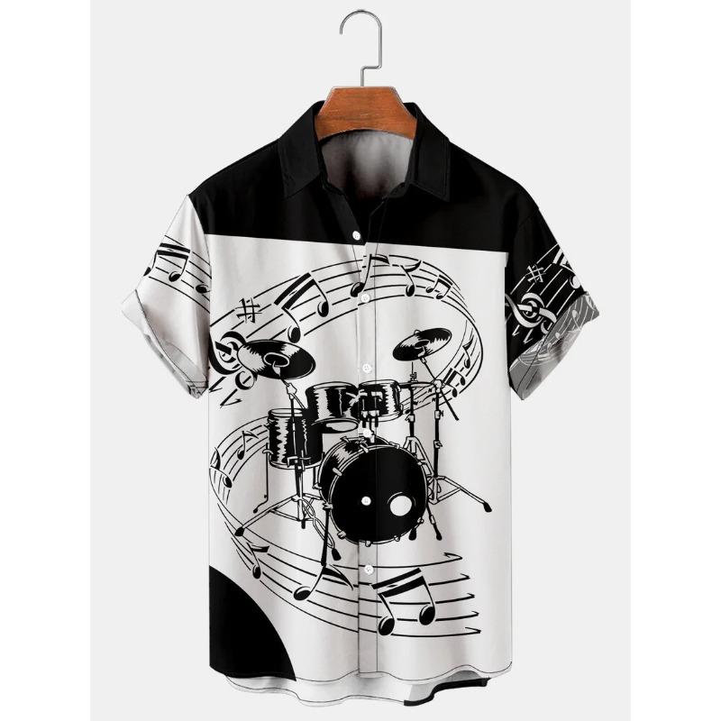Men's Casual Shirt 3D Music Note Printed Hawaiian Men's Short Sleeve Lining