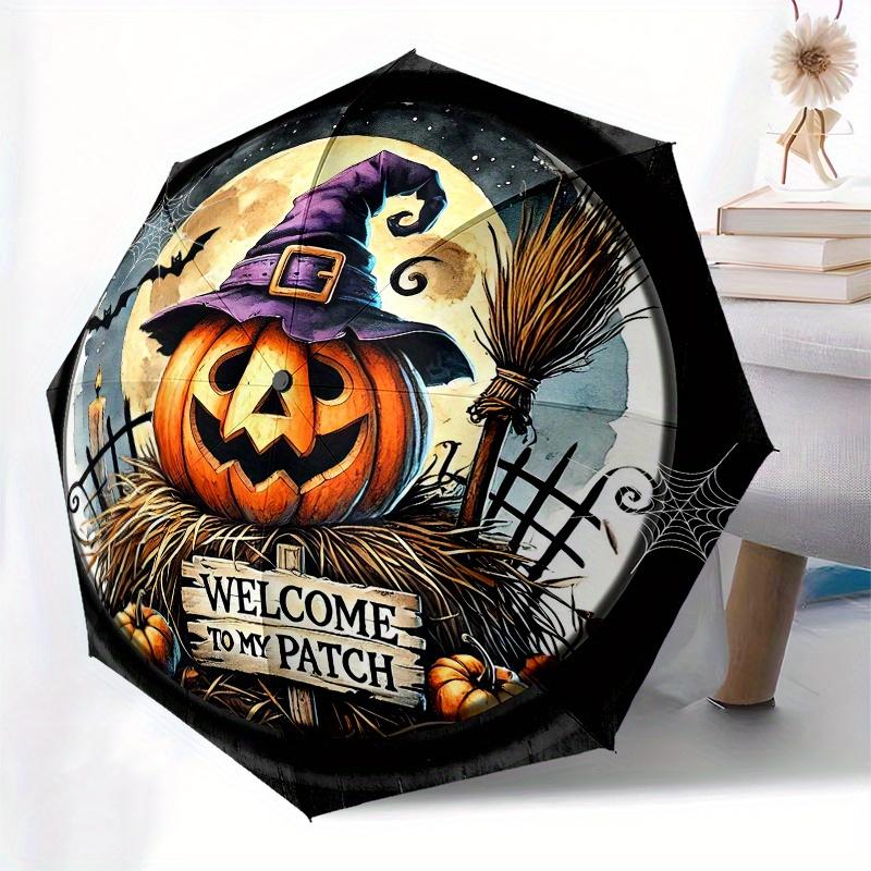 Halloween Decorative Plate with Witch Hat PumpkinDesignUmbrella, Portable 3-Fold Compact Umbrella for Men & Women Gift