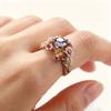 Silverfärgad blommig ring med rosa blommig inläggning och prinsesslipad naturlig lila kristall, elegant och utsökt ring för kvinnor