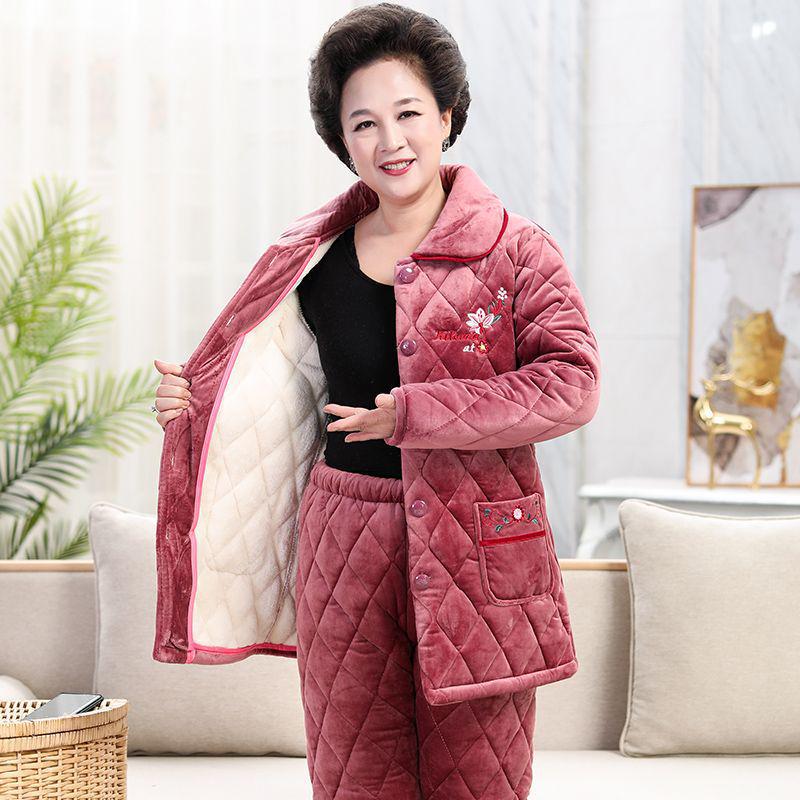 Women's Super Thick Three-Layer Velvet Pajamas - Winter Coral Fleece Quilted Homewear for Adults