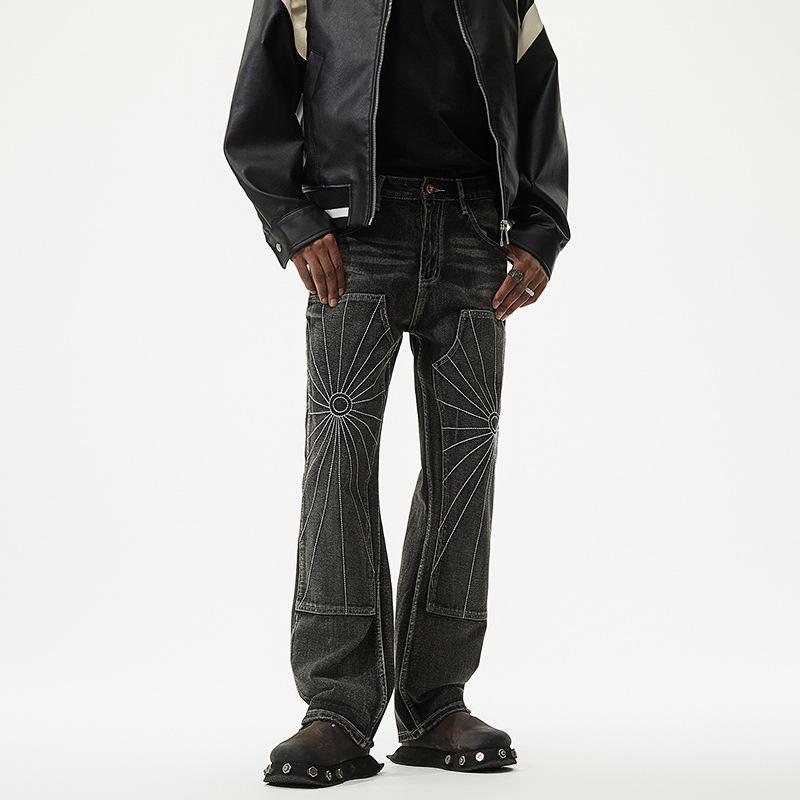 Tooling Denim Black Grey Star Embroidered Spider Web Jeans Men's Straight Loose Casual High Street Trousers