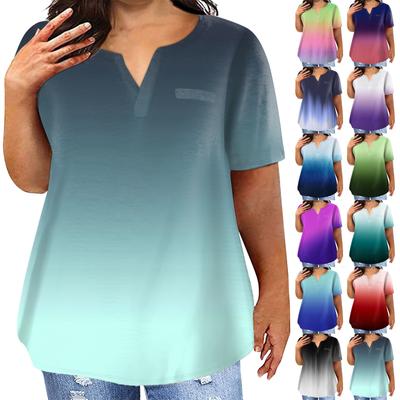 Camiseta feminina tamanho grande casual decote em V manga curta bolso top