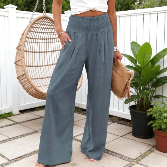 Women Pants Pleated Elastic Waist Straight Wide Leg Long Trousers with Pockets Pure Color Loose Fit Summer Lounge Pants