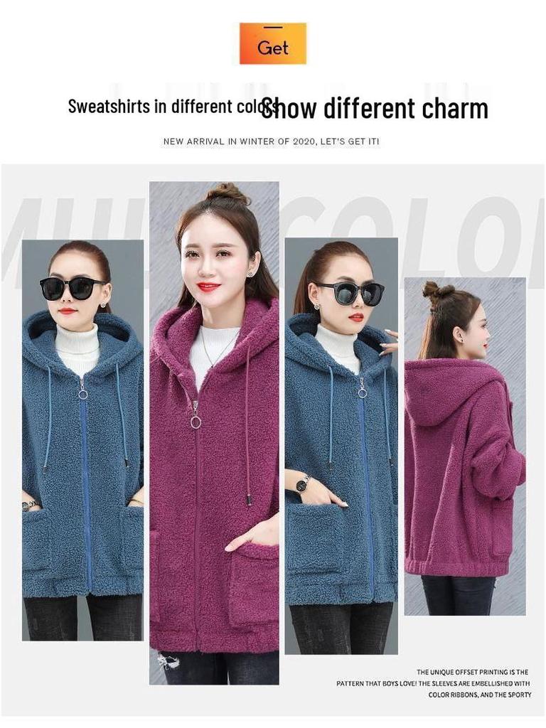 Women's Pure Color Lambskin Sweater: Velvet-Thickened, Autumn/Winter, Loose Korean Teddy Style, Hooded Jacket.