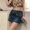 Women High Waist Slim Fit Denim Skort with Belt Solid Color Pockets Ultra-mini Skirt Fashion Accessories
