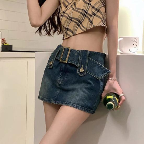 Women High Waist Slim Fit Denim Skort with Belt Solid Color Pockets Ultra-mini Skirt Fashion Accessories