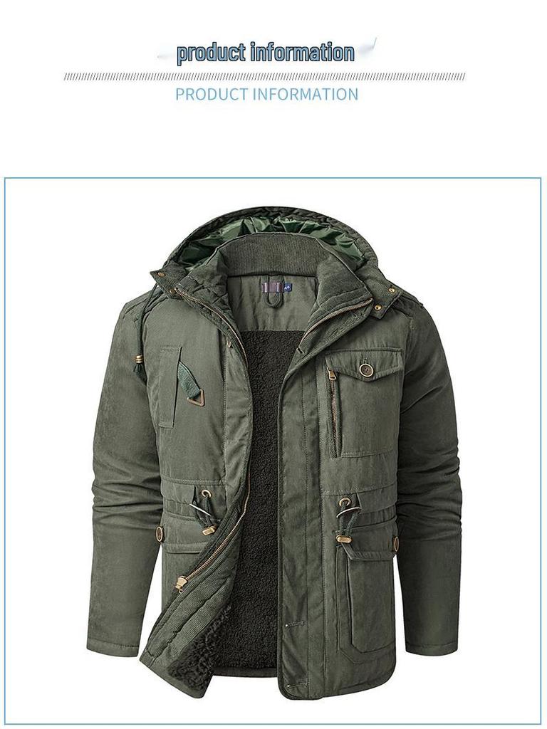 Men's American Plus Size Mid-Length Fleece-Lined Thick Cotton Coat for Sub-Zero Temperatures