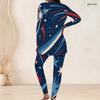 Women Plus Size Navy Blue Fireworks Printed Round Neck Long Sleeve Longline Top Fitted Pants Two Piece Set