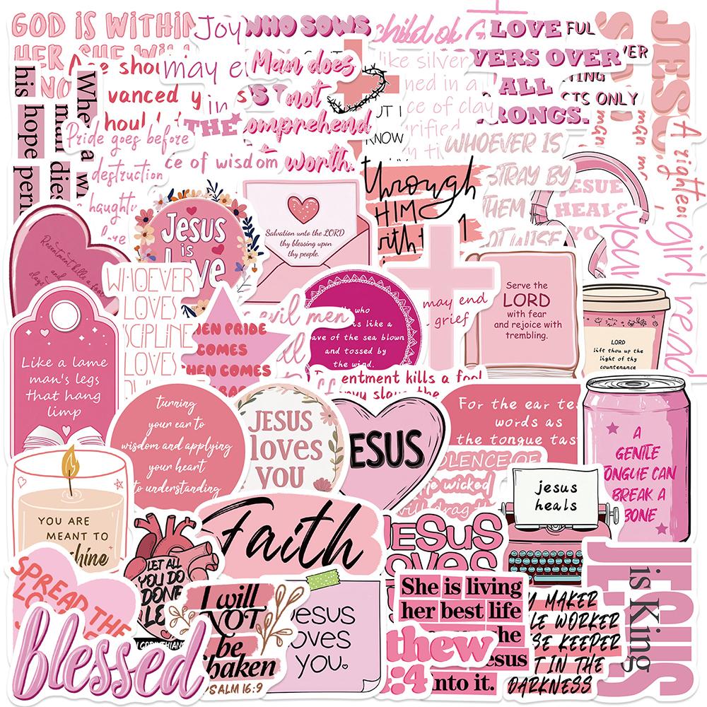 10/30/50pcs Pink Bible Jesus Phrase Stickers Aesthetic Graffiti Decal DIY Notebook Scrapbook Christians Religion Cartoon Sticker
