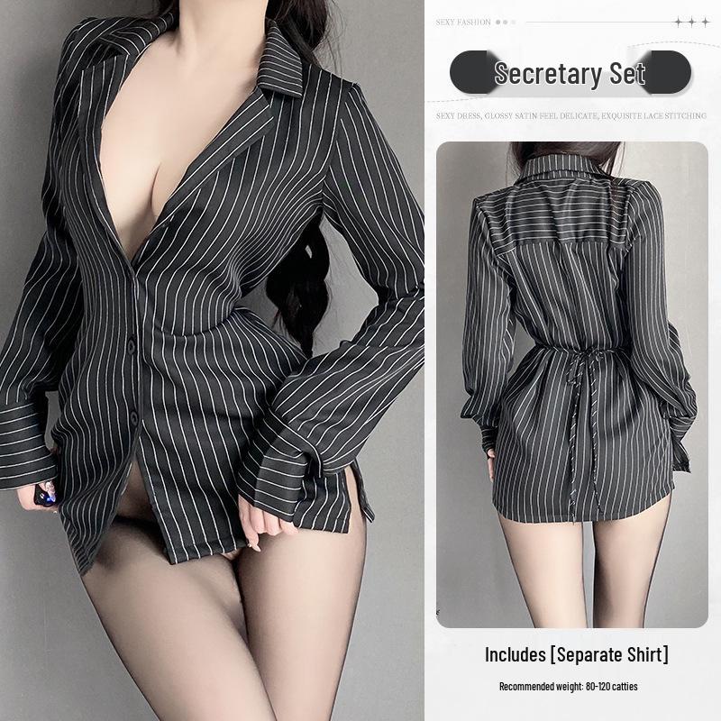 Elegant Striped Secretary Lingerie Set - Black Long Shirt with Removable Details
