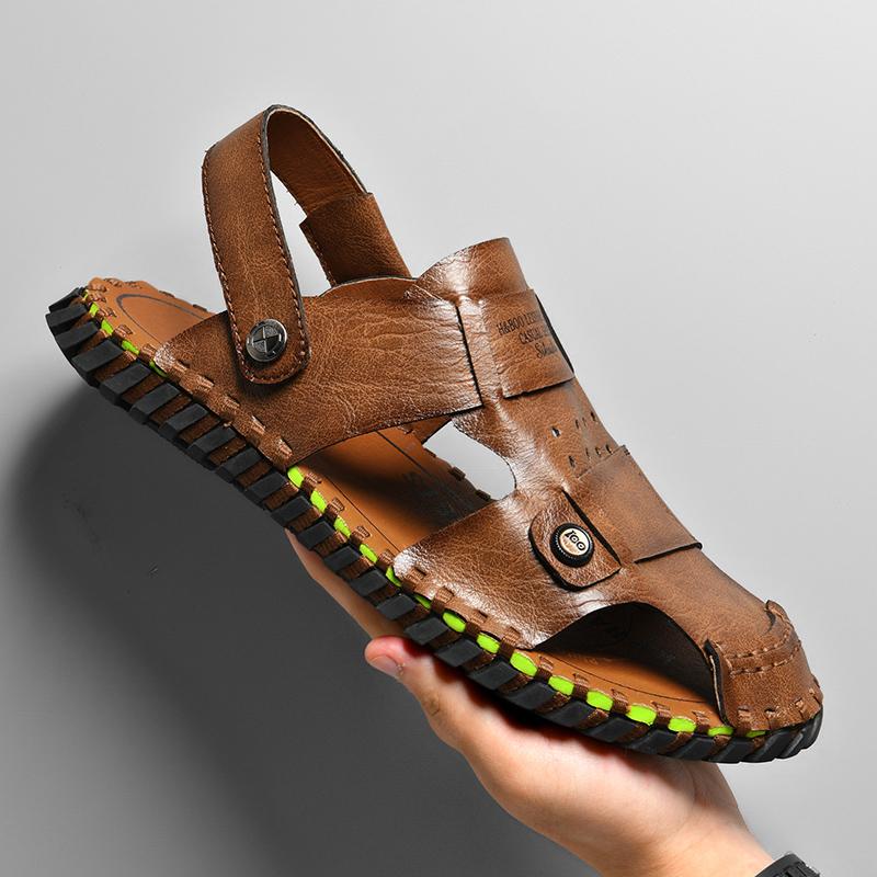 New Men Black Leather Sandals Baotou Slippers 2024 Summer Genuine Leather Casual Sandals Non Slip Outdoor Beach Vacation Sandals