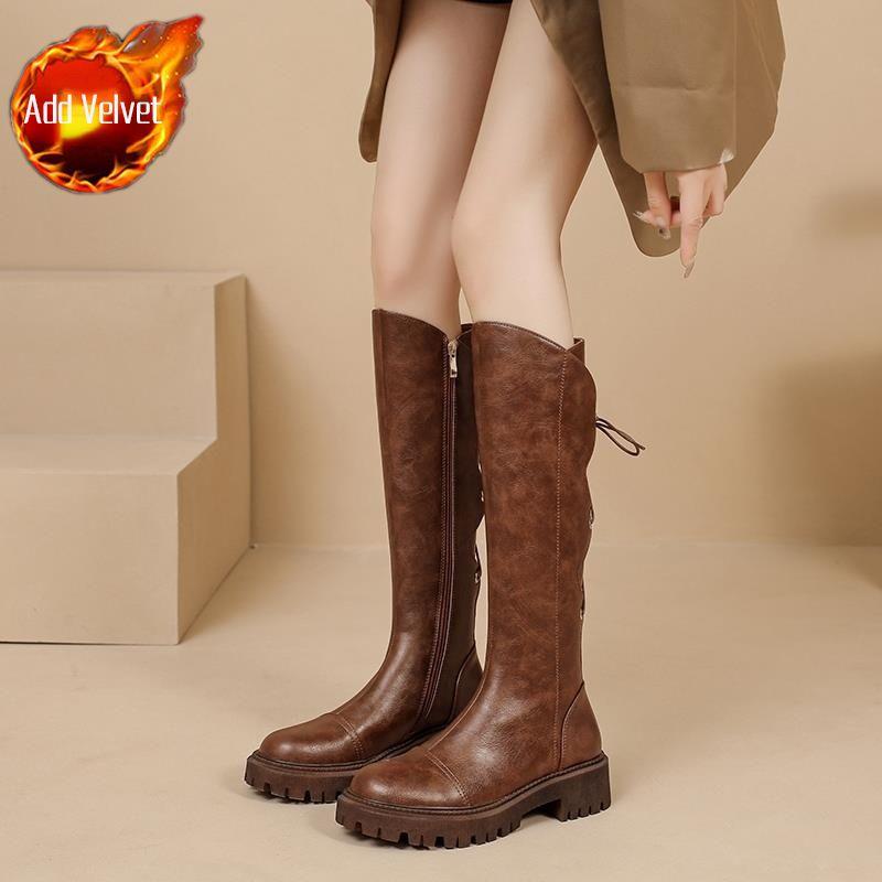 Fashion Autumn Winter Leather Fleece-Lined Platform Round Toe Long Boots for Women Trend 2025 Gyaru Lace-up Knee High Shaft Shoes Woman